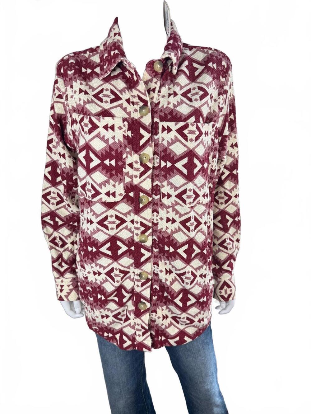 NWTs Ariat Fillmore Shirt Jacket in Burgundy and Cream Aztec Pattern, Size M